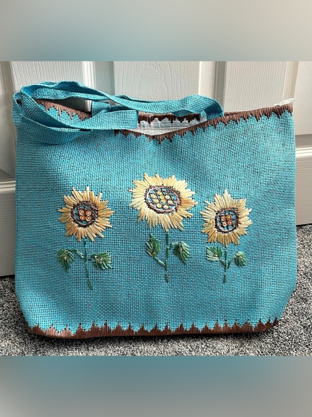 Embroidered Floral Tote in a Turquoise shade - Sunflower Detail